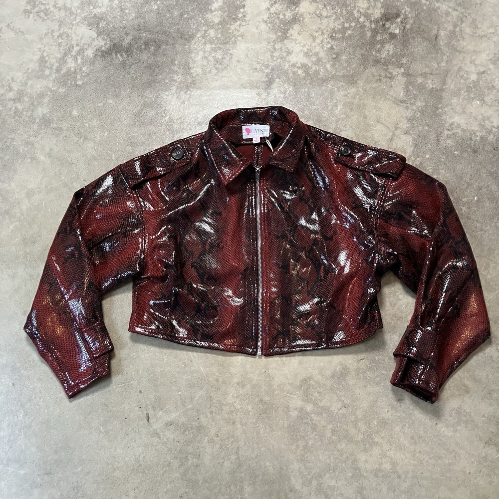 Latiste By Amy Cropped Faux Leather Jacket Womens Small Red Snake Print Moto